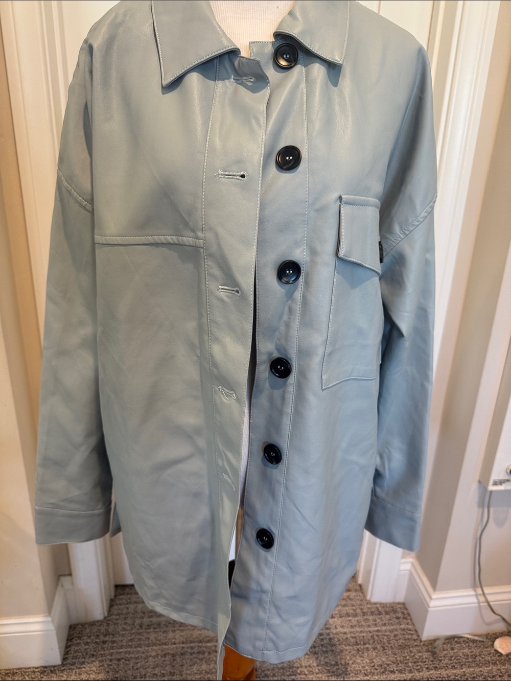 NWT- Light Blue Leather Button-Front Coat Oversized